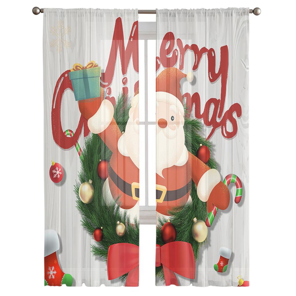 Christmas Santa Claus Gift Tulle Curtains For Living Room Decoration Modern Chiffon Sheer Voile Christmas Curtains