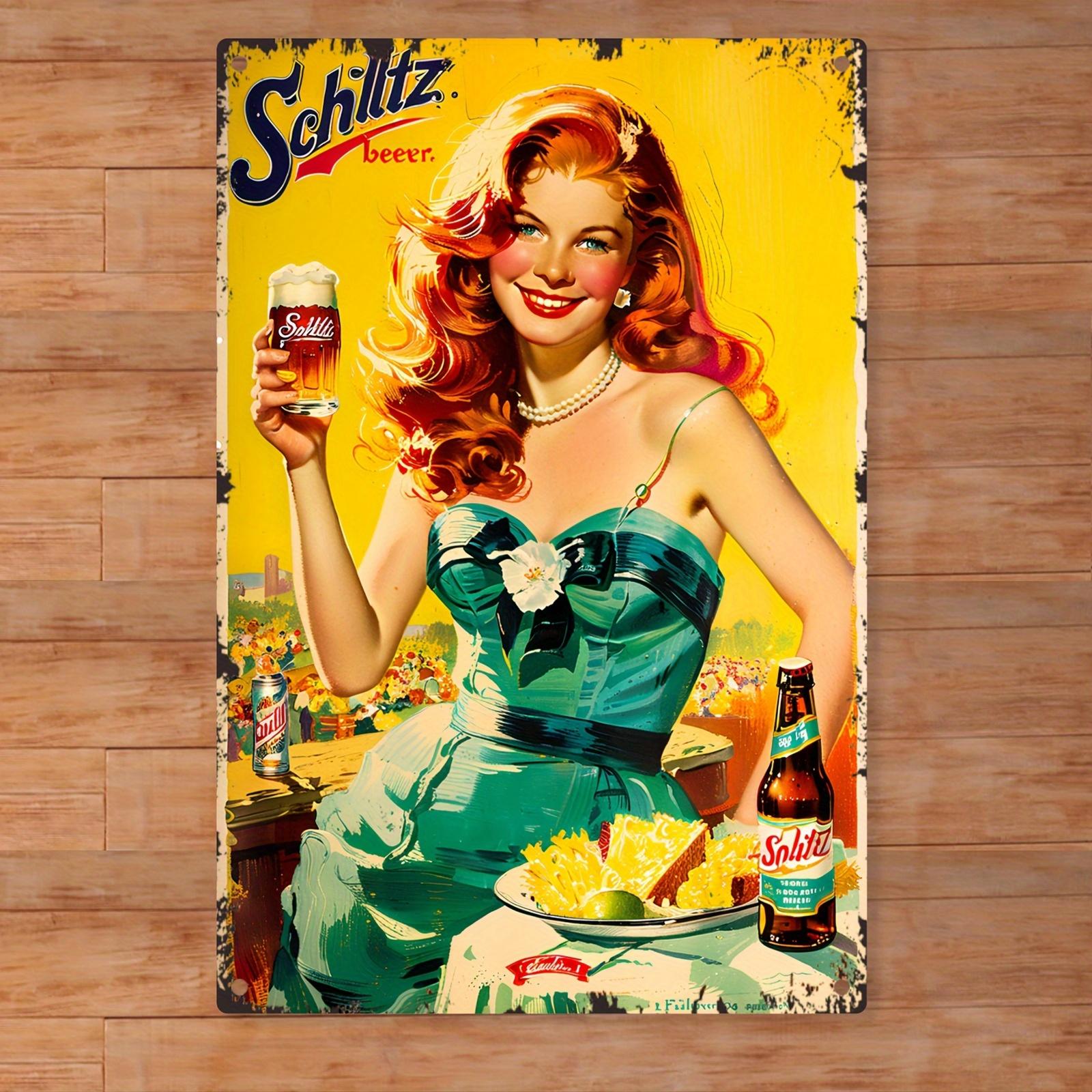 Schlitz Beer Metal Tin Sign  Retro Vintage Beer Poster with Redhead PinUp Girl MidCentury Americana Bar Decor 20x30cm（7.8x11.8inch）
