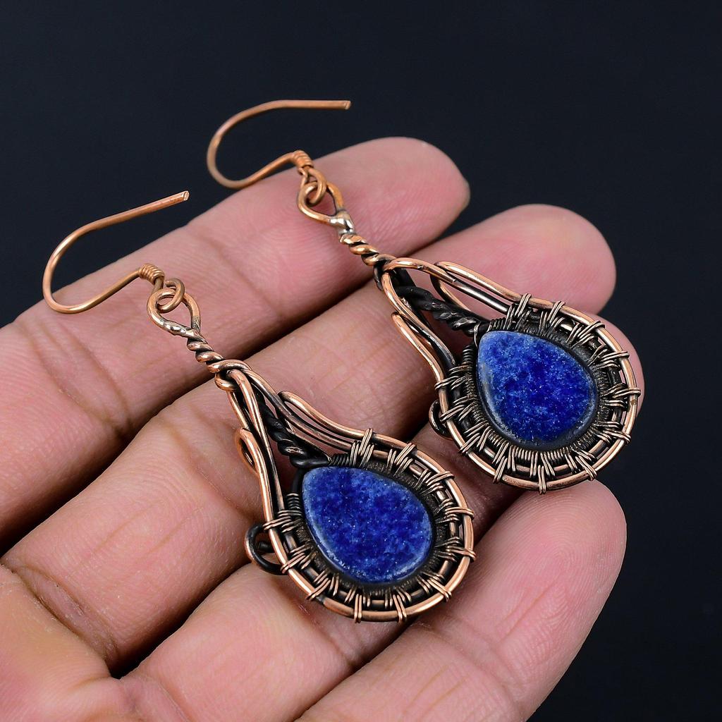 Blauer Saphir Laborgezüchteter Edelstein Handgefertigt Reiner Kupferdrahtwicklung Schmuckanhänger