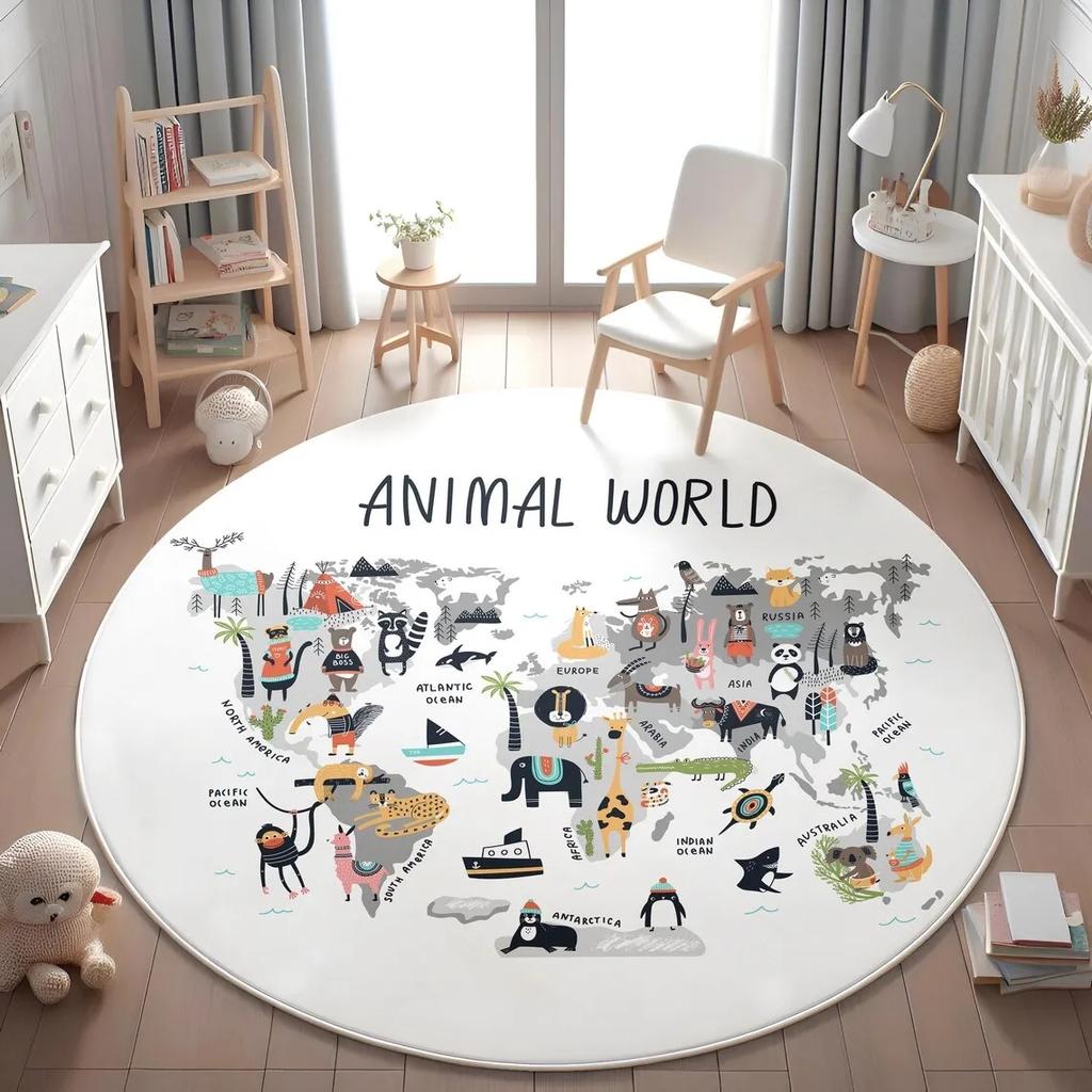 Children's Play Round Floor Mat Animal World Map Printed Carpet Children's Bedroom Bedside Non Slip Foot Mat Home Decoration