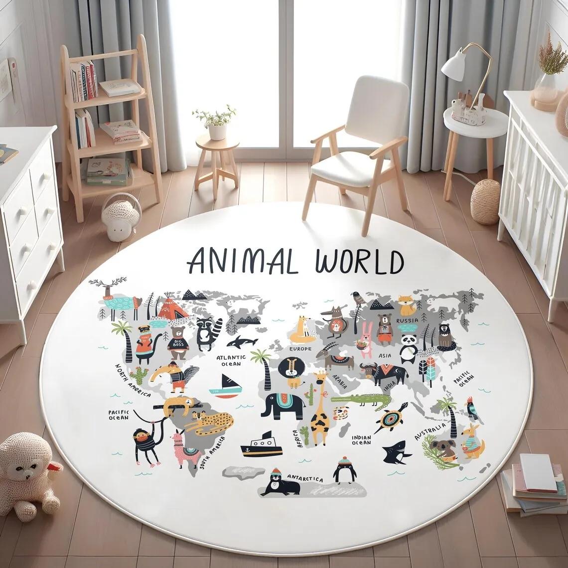

Children s Play Round Floor Mat Animal World Map Printed Carpet Children s Bedroom Bedside Non Slip Foot Mat Home Decoration 80x80cm