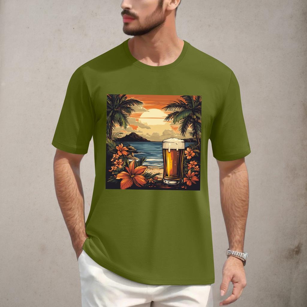 Men's Round Neck Casual Hawaiian Beach Printed Short Sleeve T-shirt Top