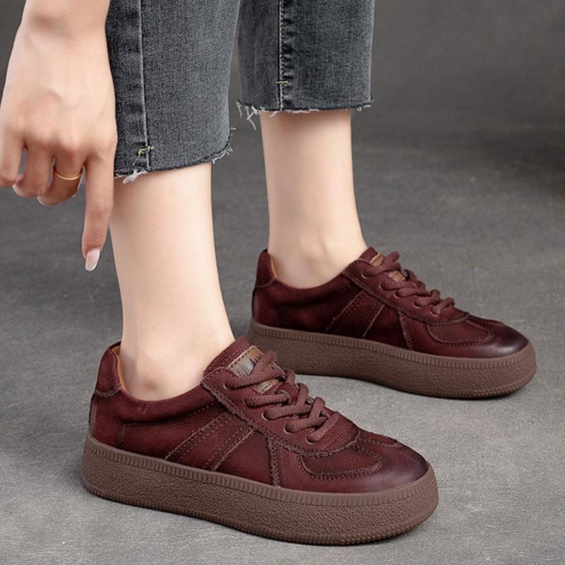 Johnature Lace-up Casual Flat Shoes Genuine Leather Retro Round Toe Thick Sole Versatile Women's Shoes