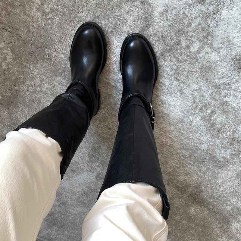 Washed cowhide version~ Retro slim straight knight boots women's boots belt buckle but knee thick-soled thick-heeled cigarette tube boots