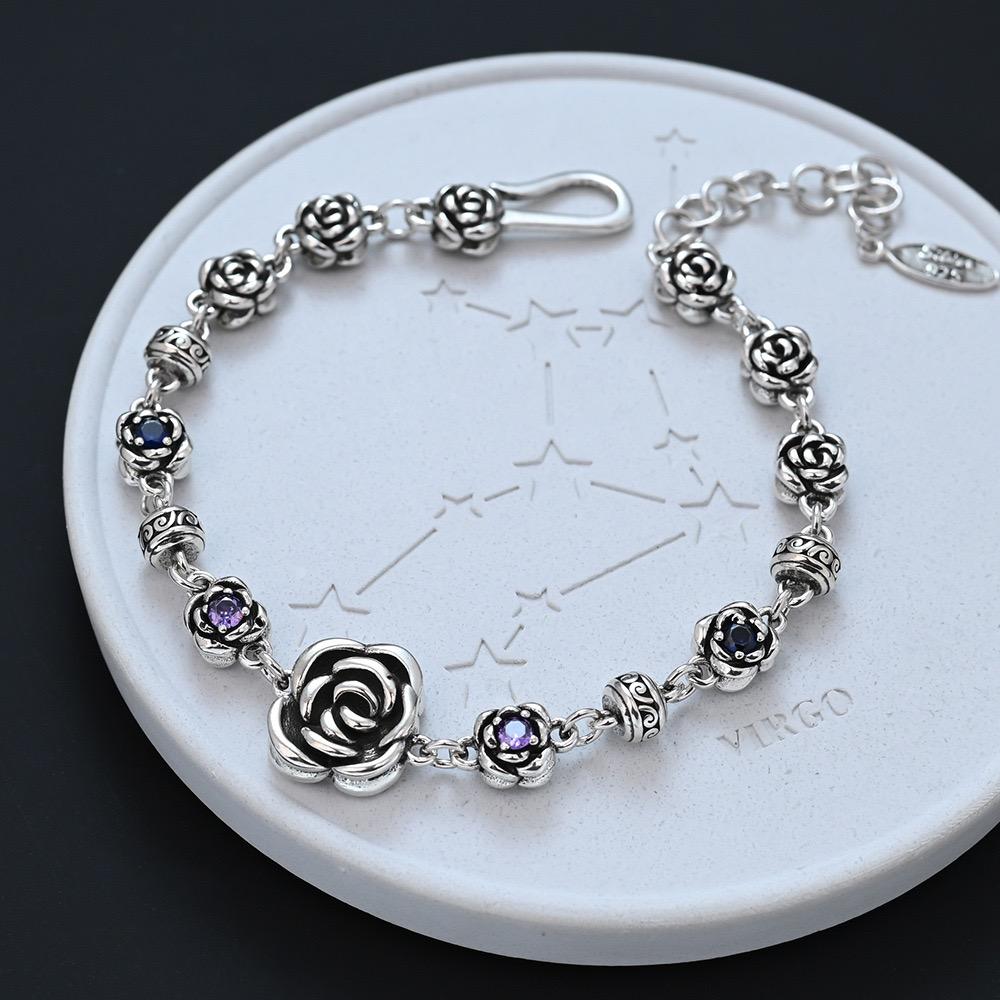 100% Solid 925 Sterling Silver Retro Bracelet for Women Men Vintage Handmade Rose Shape Simple Bracelet Birthday Gift