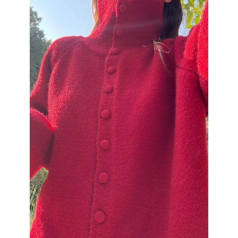 

Milk blue polo lapel thickened warm sweater women s autumn and winter single-breasted knitted cardigan jacket soft waxy top L красный