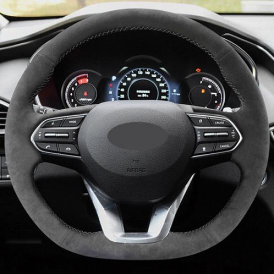 All Black Sewing Steering Wheel Leather Cover For Hyundai Palisade -