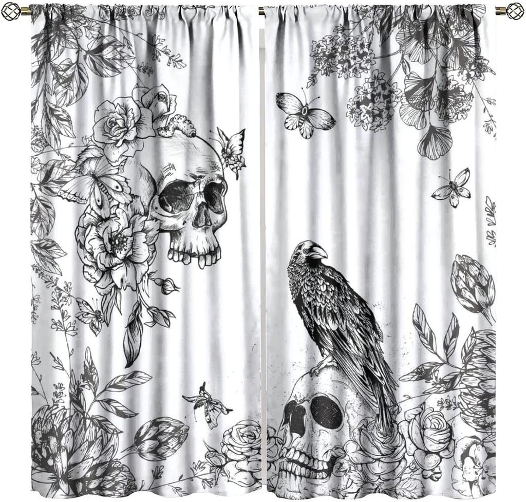 Gotische Rose Skelett Vorhänge Romantisch Schwarz Rot Abstrakt Knochen Floral Küssend Menschliches Schädel Heimdekoration Vorhänge Vorhang Vintage Polyester Mit Stangentasche