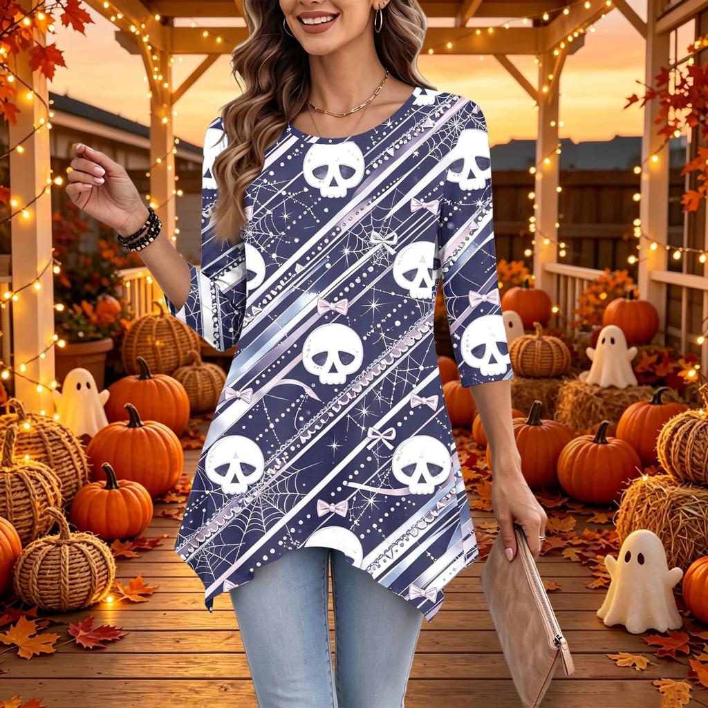 Women's Casual Halloween Print Top, Loose Fit Three-Quarter Sleeve