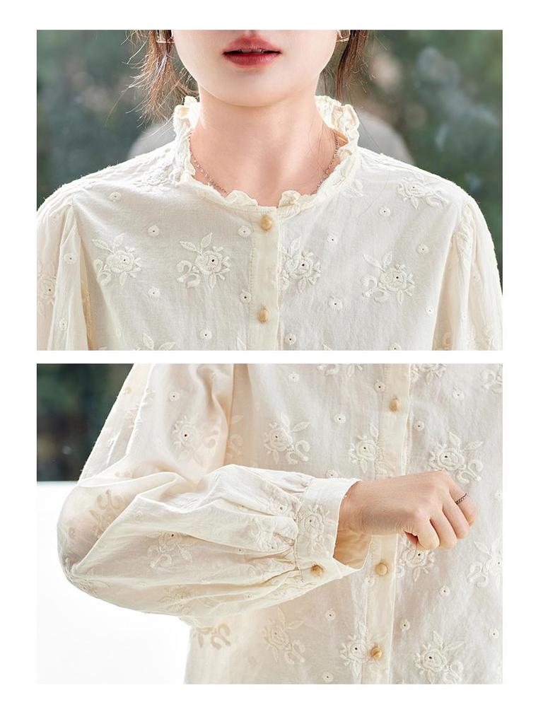 Women's Elegant Apricot Embroidered Cotton Long Sleeve Shirt with Wood Ear Collar - 2026 Spring Collection
