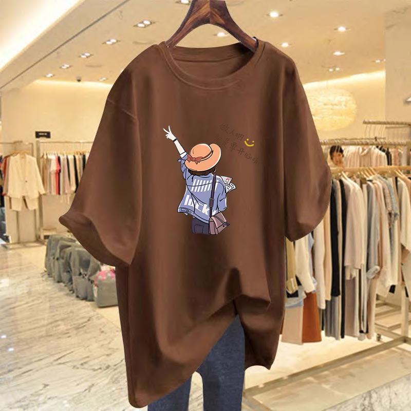 

2025 summer new cotton short-sleeved t-shirt women s loose casual simple medium and long bottoming shirt top XXXL