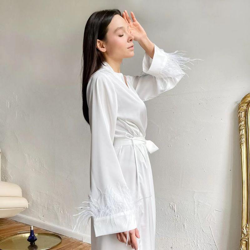 Fashion Wind Feather Long Sleeves Cardigan Ice Silk Dress Self-Tie Dress Cardigan Ice Silk Dress