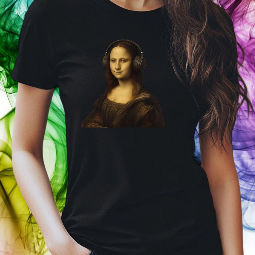 T-Shirt Women Mona Lisa with Headphones Motif Cotton Size S To 3XLWill Open In New Window or Tab