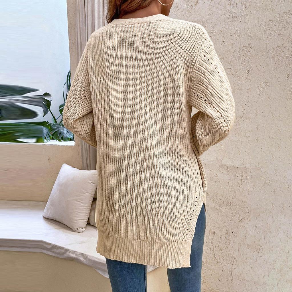 Damen Modischer Temperament Einfarbig Hohlknopf Schlitz Strickmantel