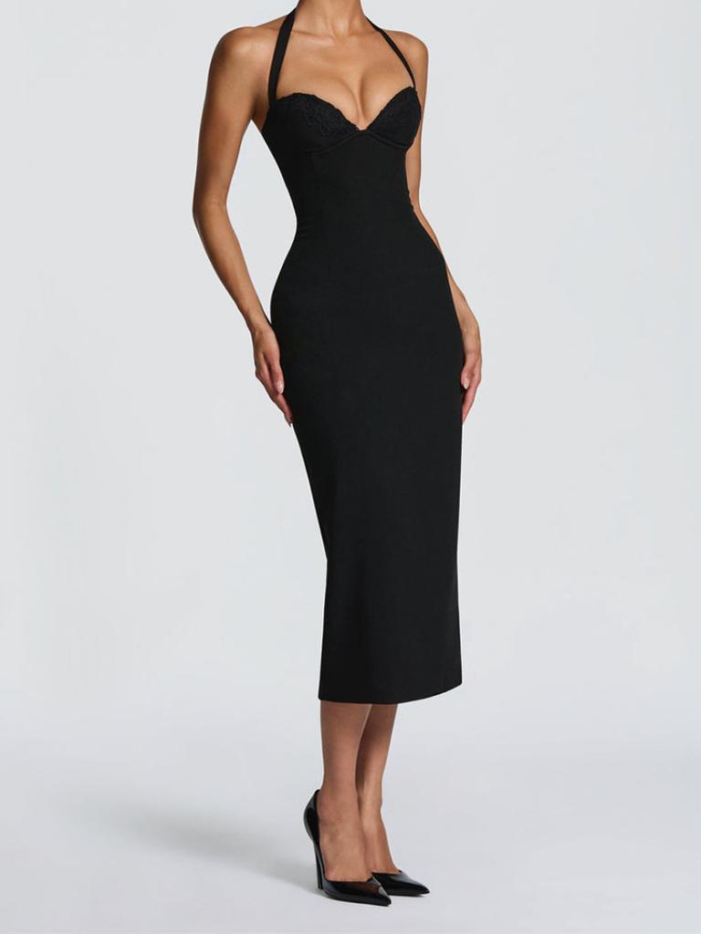 Spring new temperament sexy backless hip skirt European and American fashion solid color neck hip dress
