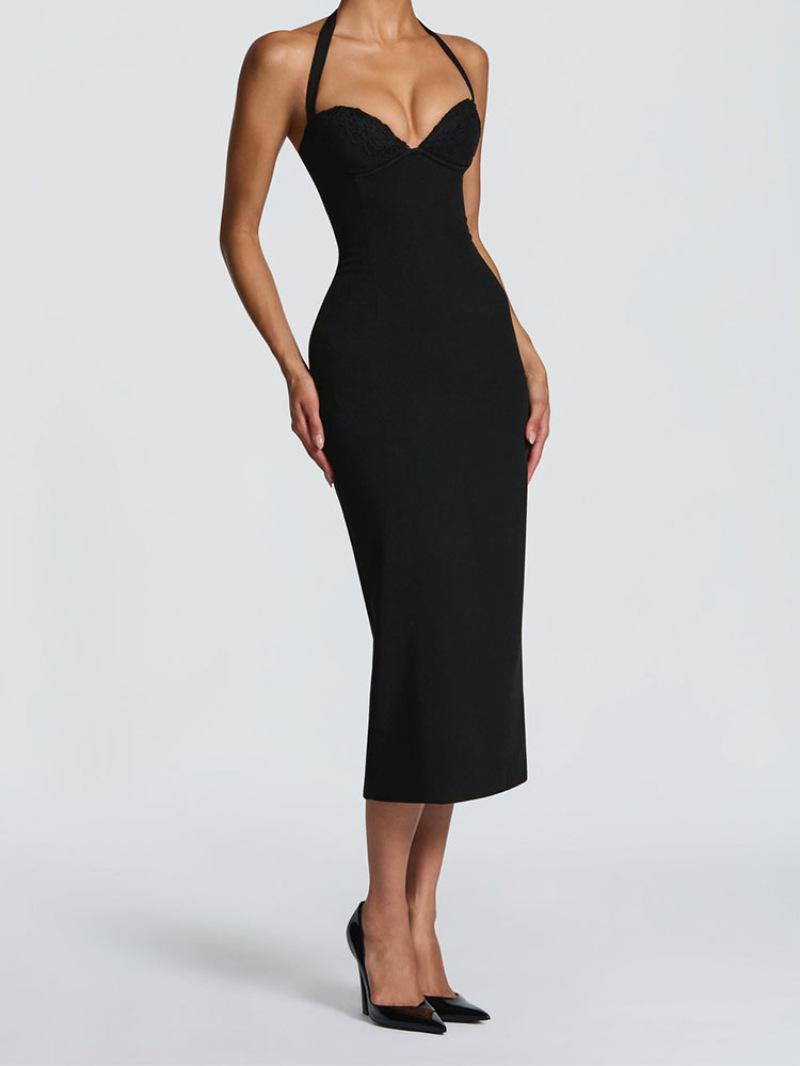 

Spring new temperament sexy backless hip skirt European and American fashion solid color neck hip dress S чёрный