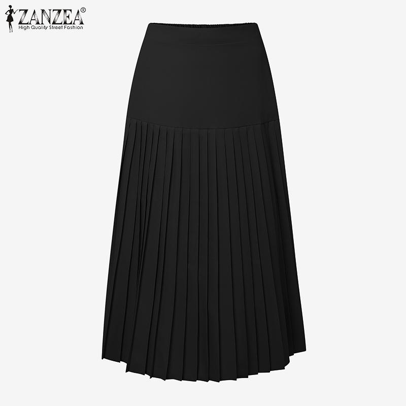 ZANZEA Women Casual Elastic Waist Solid Color Pleated Midi Skirts