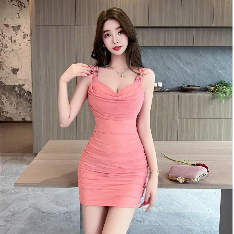 Chic Spicy Girl Sexy Camisole Dress: Slimming Waist-Cinching Pleated Mesh Hip Wrap Skirt