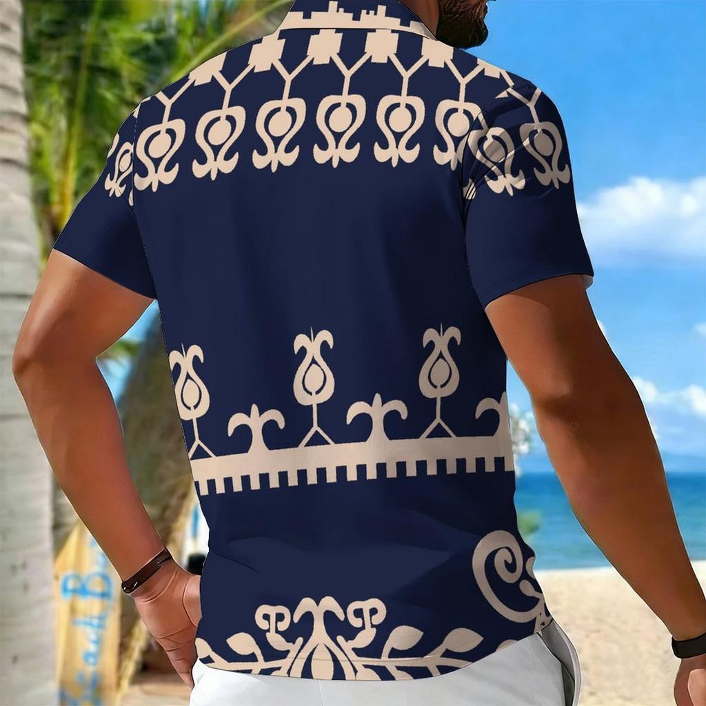 Women Short Sleeve Polo Shirt Dark Blue Teal Spiral Dot Circle Print Half Zip Lapel Top