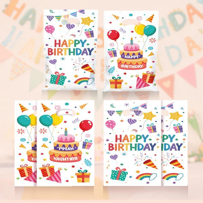 Odorless Happy Birthday Gift Bags Colorful Balloon Print Plastic Tote Bags 10/30/50pcs for Food Safe Snack Candy Party Packaging
