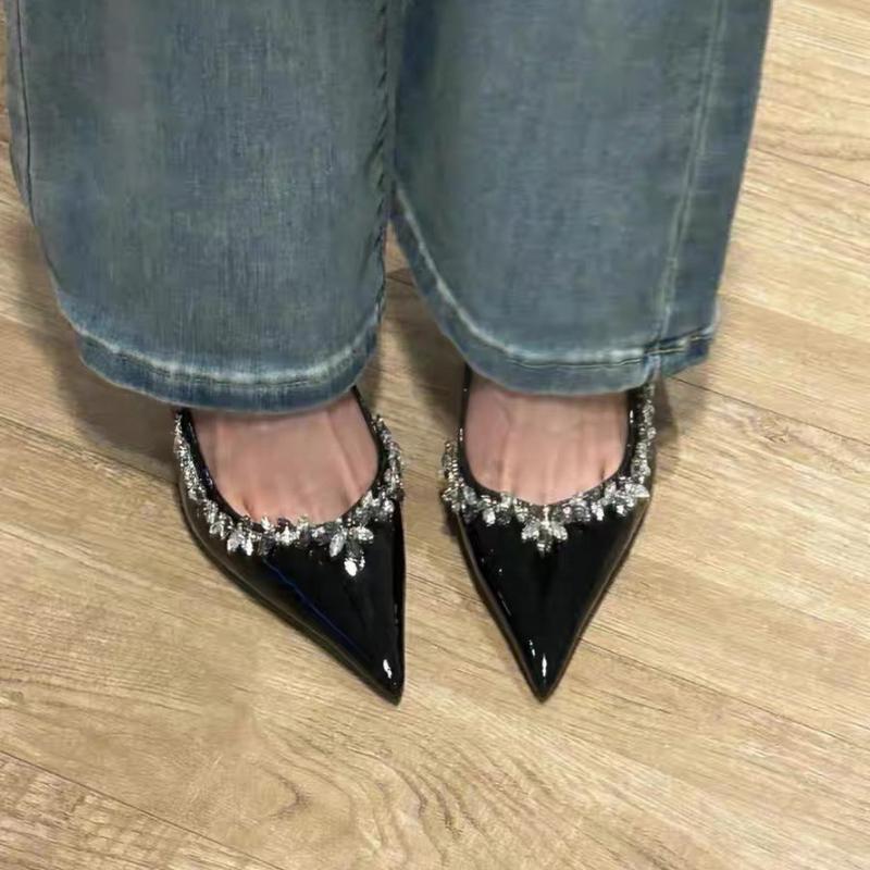French Beautiful Pointed-Toe Rhinestone High Heels Patent Leather Women's Shoes Rear Empty Trip Strap Super High Heels Shoes