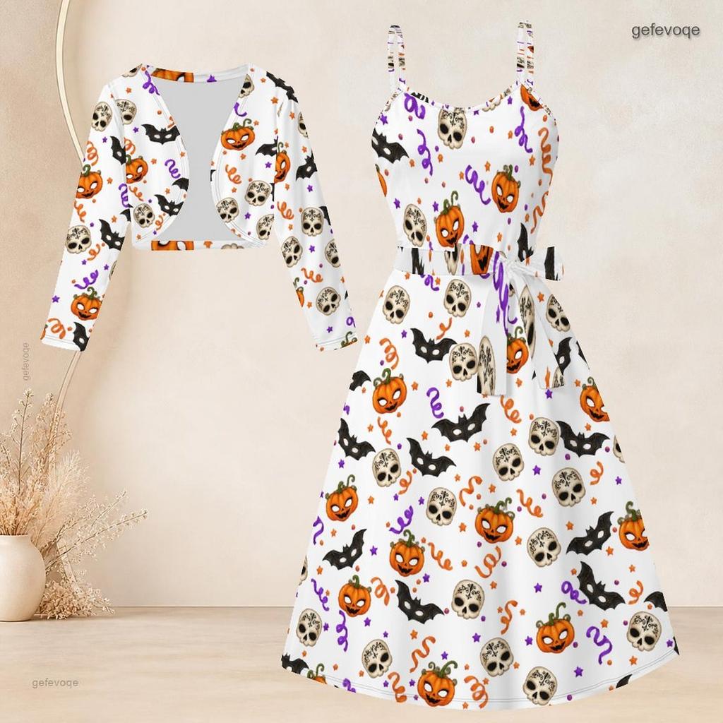 Women Plus Size Two Piece Outfit Long Sleeve Cropped Shrug Strappy Tie Waist Halloween Printed White Long Dress