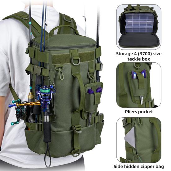 Fishing Backpack with Rod Holder Large Capacity Waterproof Oxford Cloth Outdoor Camping