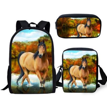 Grasland Pferdemuster dreiteiliges Rucksack-Federmäppchen-Umhängetaschen-Set lässig 3D-bedrucktes Rucksack-Set
