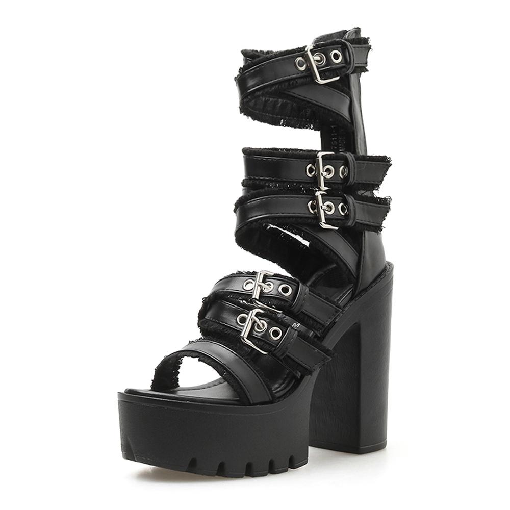 Gdgydh Sandali Neri con Tacco a Blocco da Donna Punta Aperta Cinturino con Fibbia Décolleté con Plateau Stile Goth Cerniera Posteriore Tacchi Alti Scarpe Estive