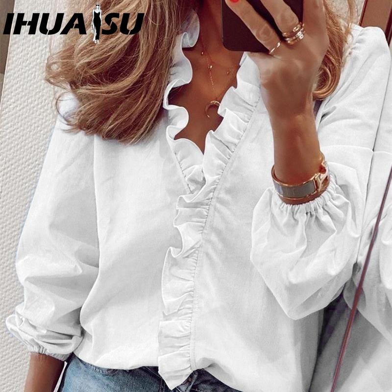 IHUASU Women's Fashion Casual Solid Color Print Long Sleeve V Neck Blouses & Shirts