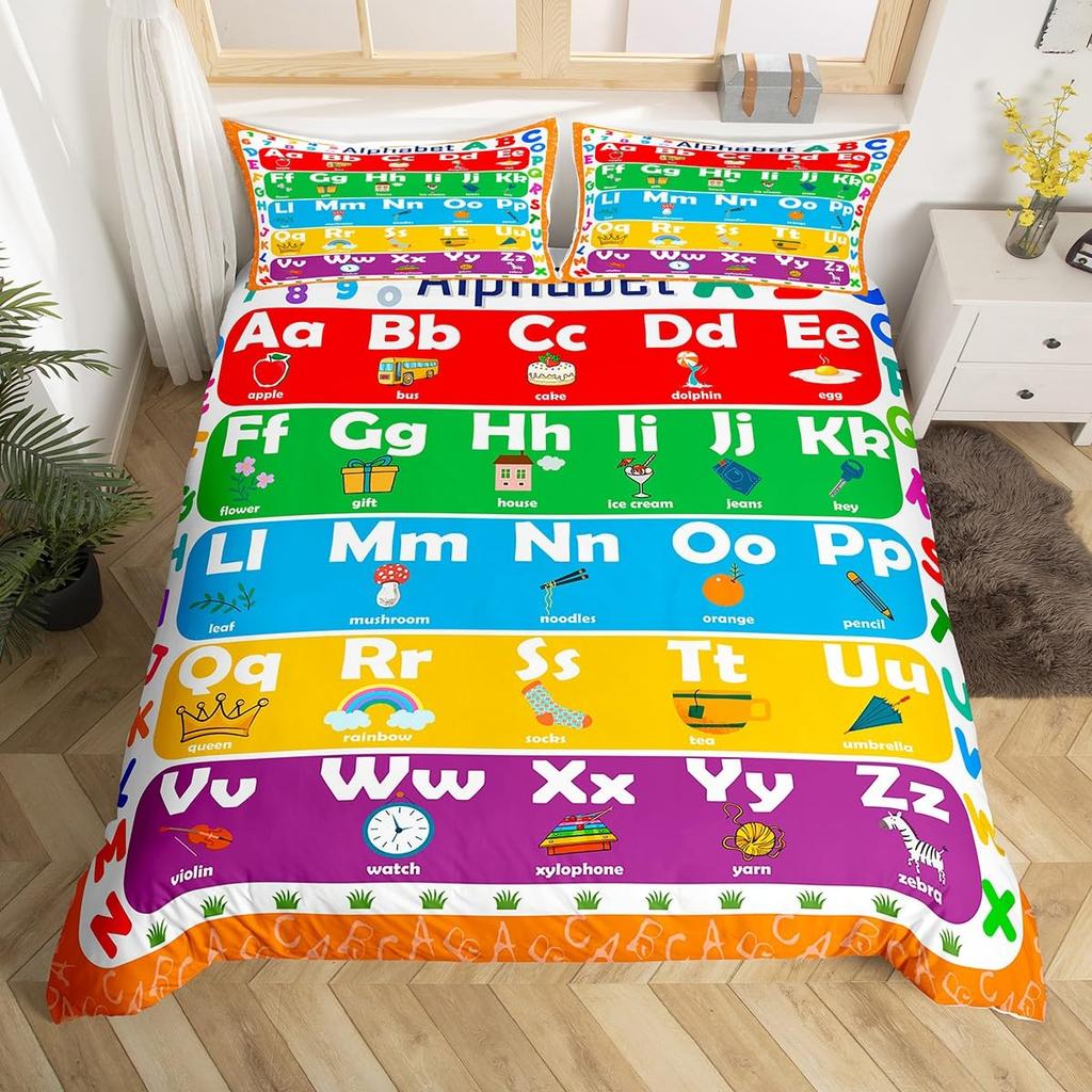 Outer Space Planet Galaxy Duvet Cover Twin King Kids Cartoon Bedding Set ABC Alphabet Learning Comforter Cover with 2 Pillowcase