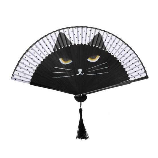 Cartoon Cat Folding Fan Japanese Style Wooden Hand Held Fan