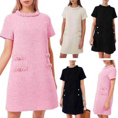 Women Dress Round Neck Loose Back Zipper Closure Short Sleeves Solid Color Button Decor A-line Vintage Mini Dress