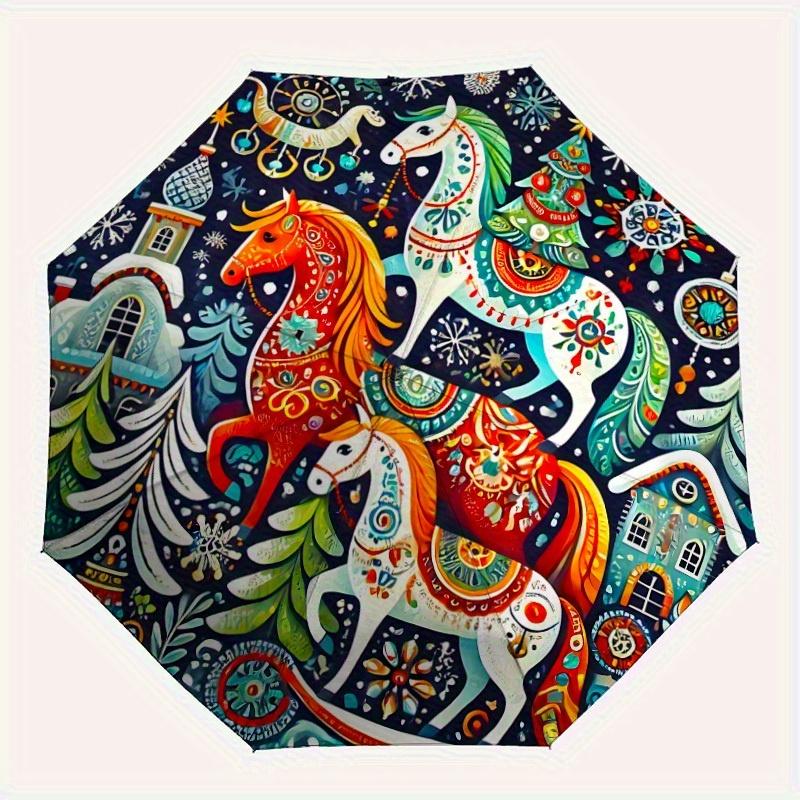 

1pc Festive Horses Automatic Folding Umbrella, Portable & Foldable Design with 8 Ribs, Casual Outdoor Accessory Halloween and Christmas gift