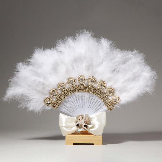 Fjærvifte Rhinestone Elegant Håndlaget Brud Håndholdt Vifte Sceneopptreden Dekorasjon Fotorekvisitt