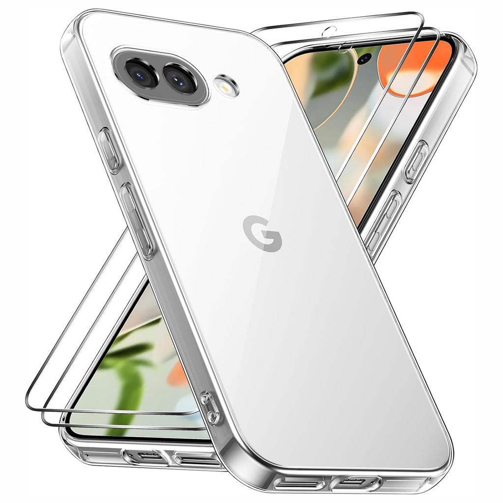 For Google Pixel 9a Case TPU Clear Phone Cover+2PCS Tempered Glass Screen Film 2.5D Arc Edge