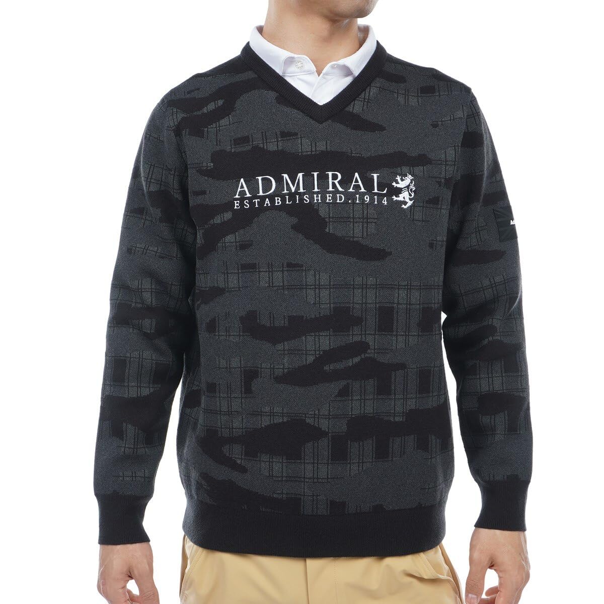 

Мужской камуфляжный жаккардовый свитер Admiral Golf, на подкладке, с V-образным вырезом, черный, ADMA381