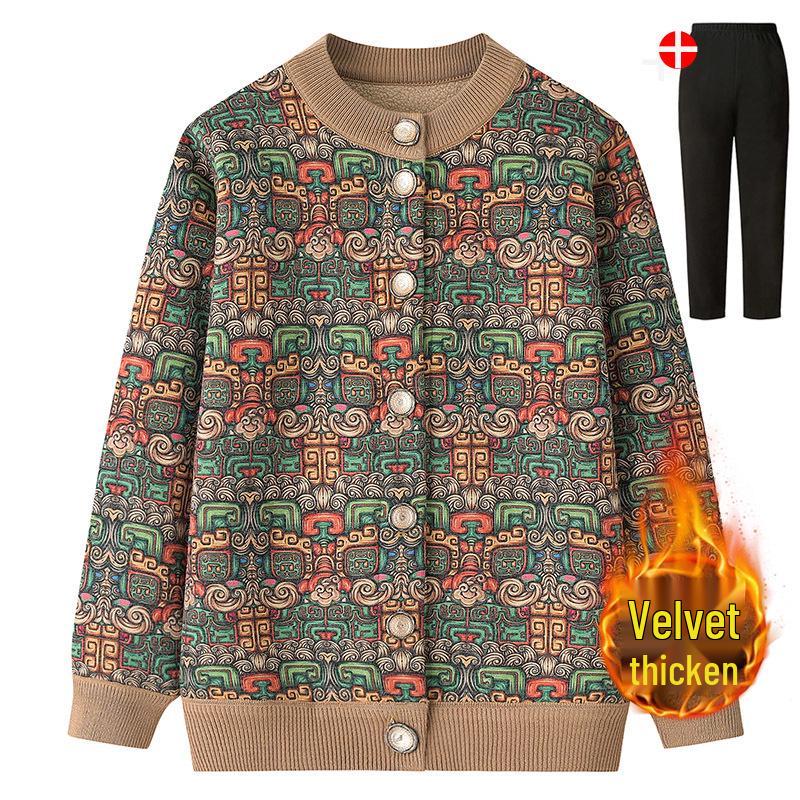 Women's Fleece-Lined Knitted Cardigan - Warm Autumn Winter Jacket for Elderly Ladies