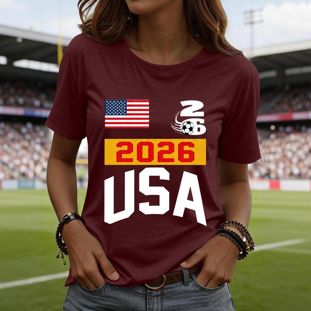 Women's Casual Short Sleeve T-Shirt Fashion Soccer World Cup Printed Crew Neck Top Lightweight Comfortable Fit USA 2026 Design