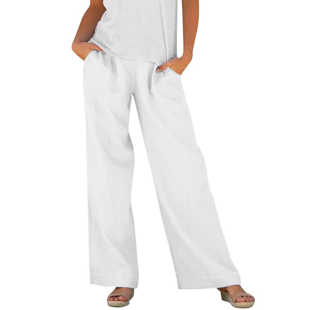 Women's Fashion Relaxed Fit Cotton-Linen Blend Pocket Elastic Waist Wide-Leg Casual Pants