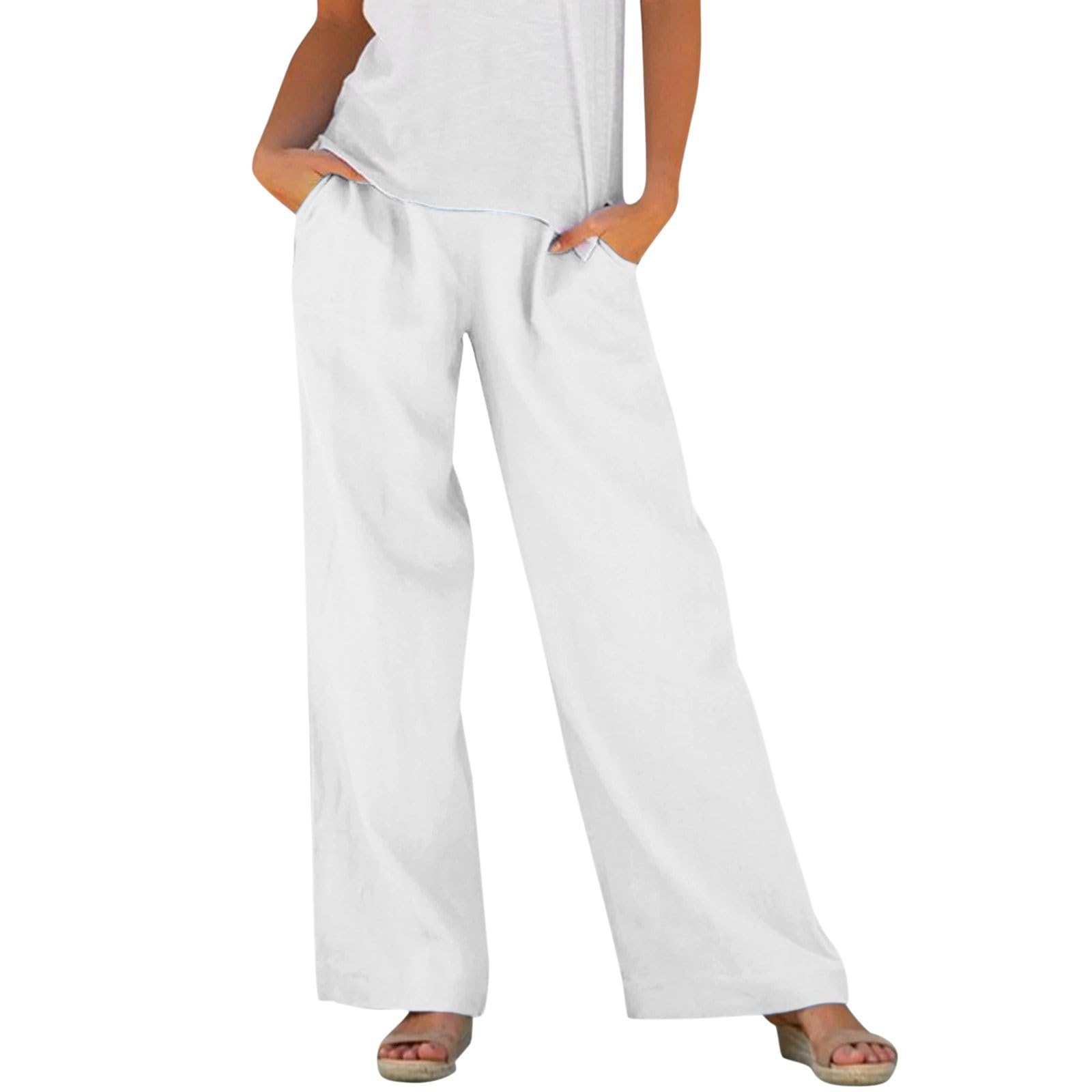 

Women s Fashion Relaxed Fit Cotton-Linen Blend Pocket Elastic Waist Wide-Leg Casual Pants XL білий