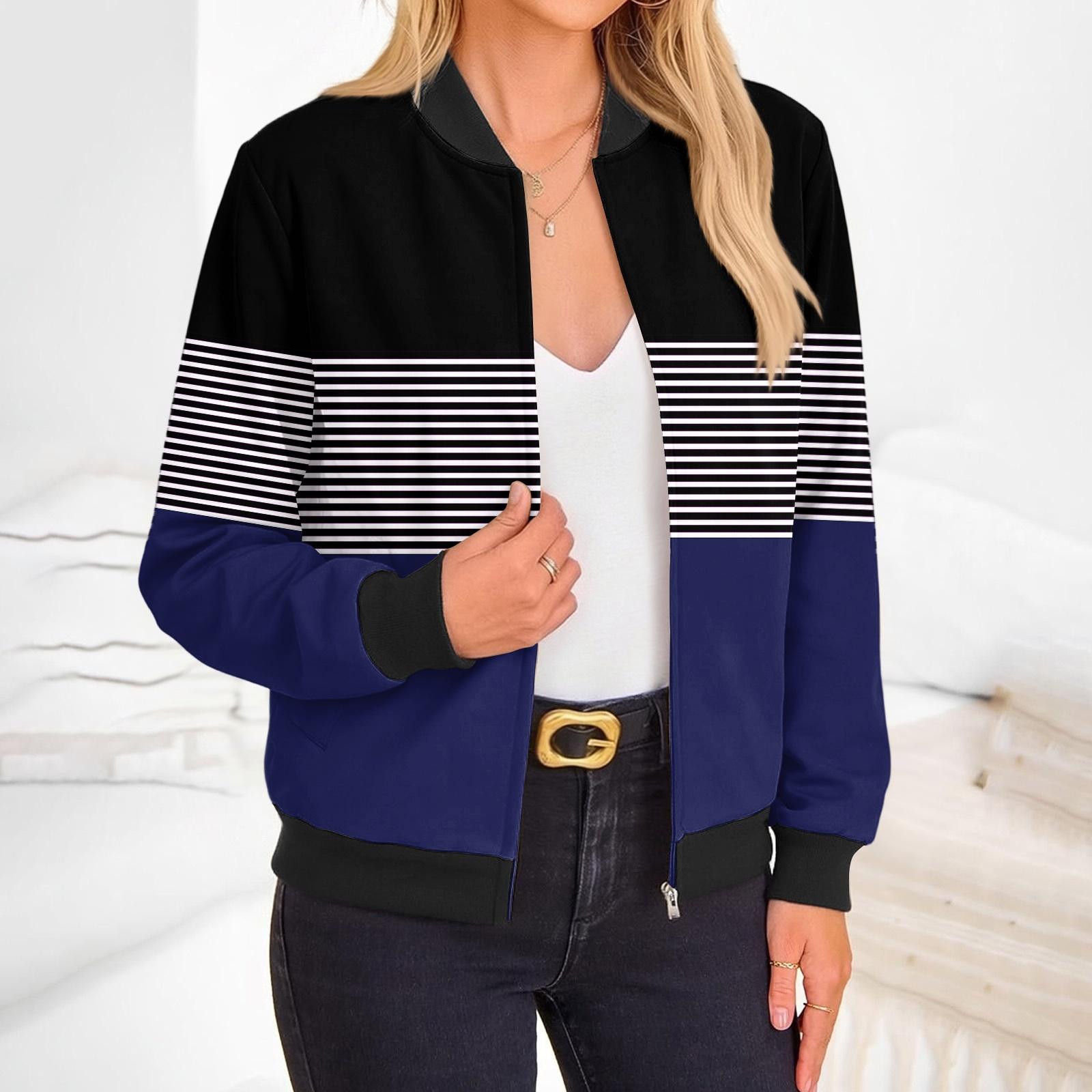 Women s Fashion Long Sleeve Striped Color Block Printed Round Neck Zip Up Jacket L