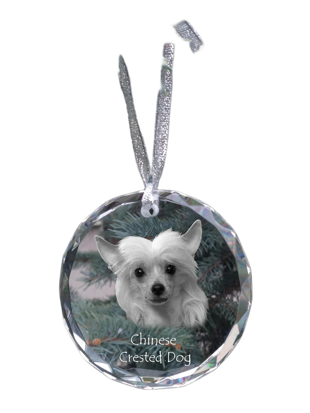 

Chinese Crested Dog, Puff - crystal bauble with a photo, dog photo in crystal, personalized Christmas tree ornament by Art-Dog brand прозорий