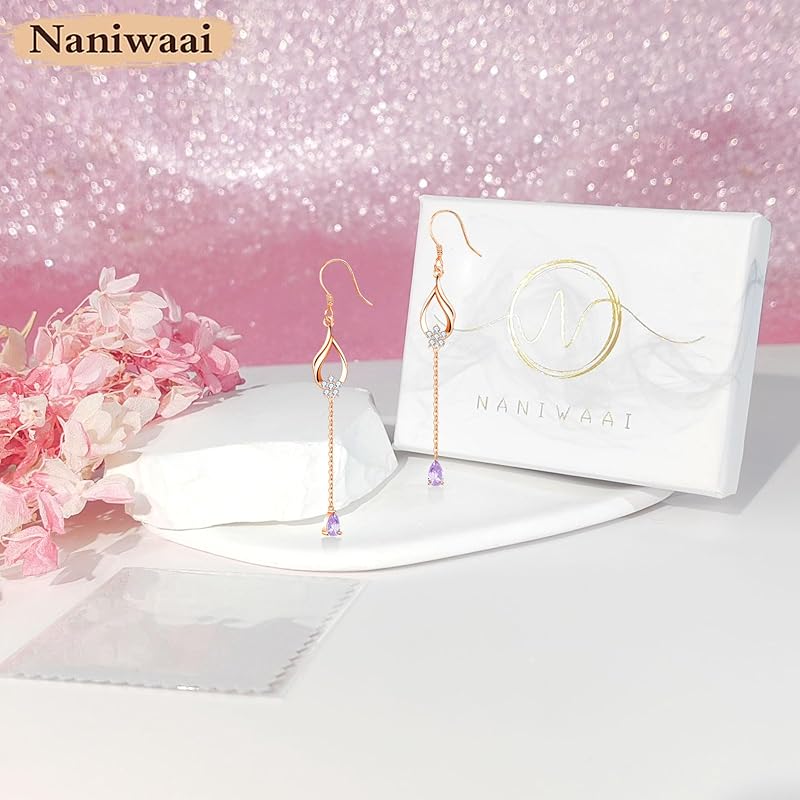 Naniwaai Earrings Ladies Popularity June Birthstone Hook Sway Cherry Blossoms Silver Compatible with Metal Allergies Cute Long Woman Flower Present