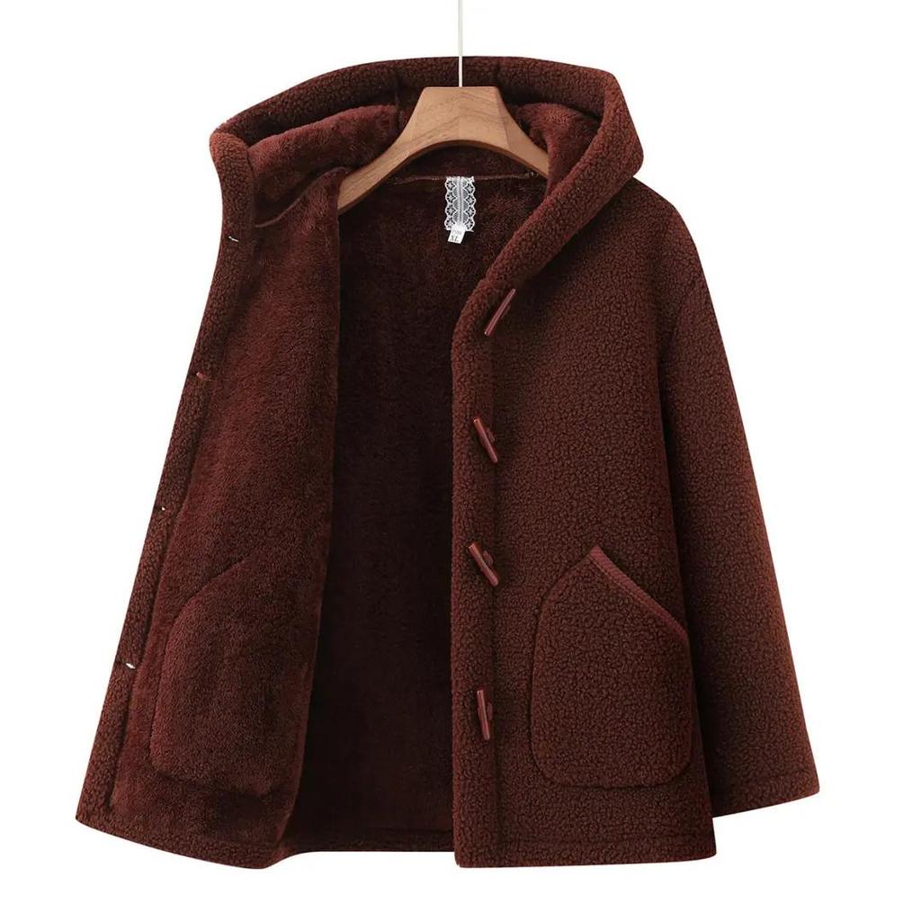 One-Piece Fashionable Winter Hooded Jacket for Middle-Aged and Elderly Women - Plus Velvet and Fleece Lined