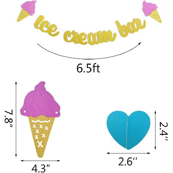 Gold Glittery Ice Cream Bar Sign Banner and Pink, Blue, Gold Heart Paper Garland for Birthday, Summer Theme Party, Baby Shower, Wedding Decorations -