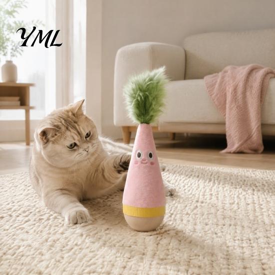 Plush Cat Teaser with Wood Base Wooden Wobble Toy, Self-Righting Tumbler Feather for Indoor Cats, Interactive Safe Clawing Toy Punching Bag