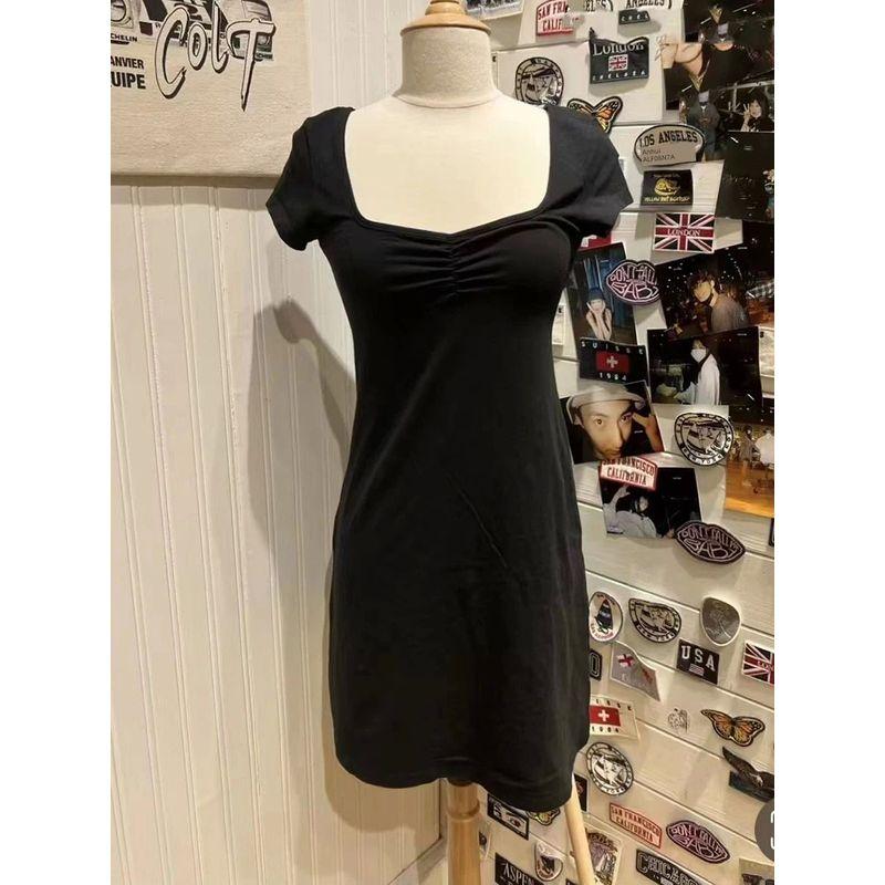 

French Slim Short Sleeve Dress French style Temperament Pleat Square Collar Slim fit Short sleeve Dress Black One size