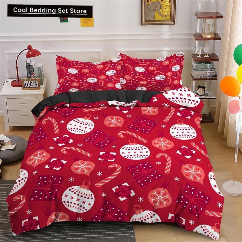 Frohe Weihnachten King Queen Bettwäsche Set Weihnachtsmann Schneemann Bettdeckenbezug Weihnachtsbaum Bettbezug Rot Polyester Steppdeckenbezug