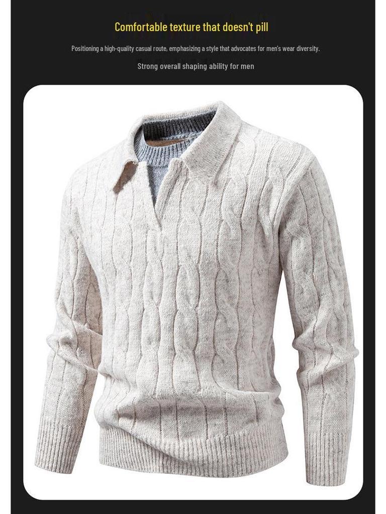 Cross2025 Men's Autumn/Winter Cable Knit Polo Sweater: Trendy European Twist with Lapel and Long Sleeves